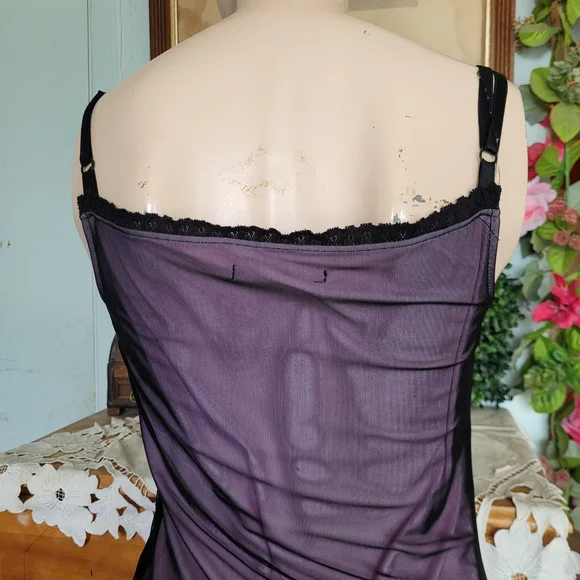Vintage 90s Whimsigoth Lilac Slip Dress Black Mesh Overlay Asymmetrical Large - Picture 9 of 15